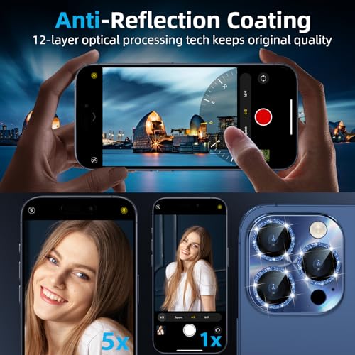 YWXTW Camera Lens Protector for iPhone 15 Pro Max/iPhone 15 Pro, [Lithography Laser Gradient] [5X Strengthen] Tempered Glass Screen Protector Metal Ring Back Camera Lens Cover (Blue Glitter) - color: Blue Glitter