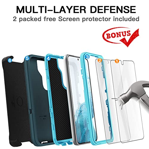 AICase Belt-Clip Holster Case for Galaxy S22 with Screen Protector, Heavy Duty Drop Protection Full Body Rugged Shockproof/DustProof Military Grade Tough Durable Cover for Samsung Galaxy S22 - color: dark blue/pink+belt