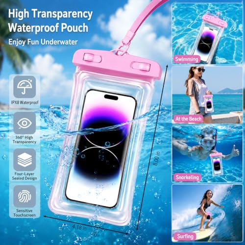 Waterproof Phone Pouch Case-[2 Pack][Easy Lock & Heavy Duty] IPX8 Water Proof Cell Phone Dry Bag for Beach,Swim Protector for iPhone 17 16 15 14 13 12 11 Pro Max Plus, Galaxy S25,7.2",Blue and Pink