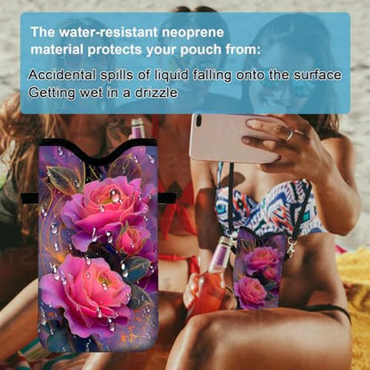 Neoprene Cell Phone Sleeve Pouch Case Bag with Crossbody Strap Neck Lanyard for Women 7.1 X 3.9 in Beautiful Flowers - color: Beautiful Flowers