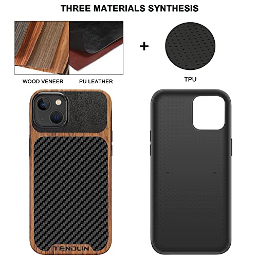 TENDLIN Compatible with iPhone 14 Plus Case Wood Grain with Carbon Fiber Texture Design Leather Hybrid Slim Case Black - color: Black, size: iPhone 14 Plus
