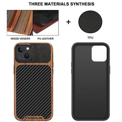 TENDLIN Compatible with iPhone 14 Plus Case Wood Grain with Carbon Fiber Texture Design Leather Hybrid Slim Case Black - color: Black, size: iPhone 14 Plus