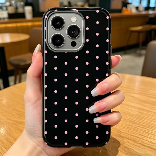 Pink Polka Dot Phone Case for iPhone17 ProMax 16Pro 15 14 13 12 for Samsung 26 Ultra Plus 25 24 Double Layer Protective Shockproof Smartphone Cover (Black, iPhone 17 Pro Max) - color: Black