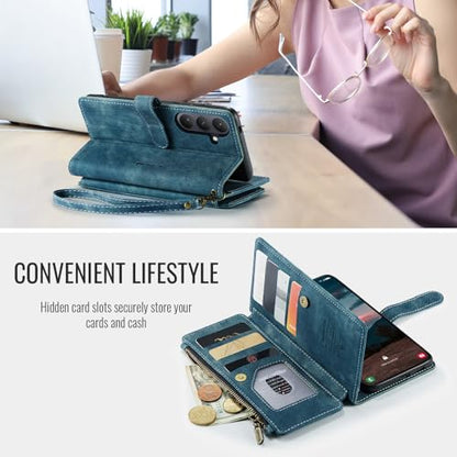 Compatible with Samsung Galaxy S26 Wallet Case,with Card Holder Kickstand Magnetic Zipper Pocket Lanyard Strap Wristlet,Leather Flip Case Wallet for Samsung Galaxy S26 5G 6.3 Inch(Blue) - color: Blue, size: S26 6.3 Inch