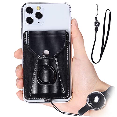 Cell Phone Card Holder,Card Holder for Back of Cell Phone with Ring Grip Stand,Adhesive Stick-on Credit Card Wallet Pocket with Detachable Neck Strap Black