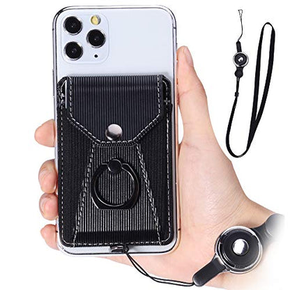Cell Phone Card Holder,Card Holder for Back of Cell Phone with Ring Grip Stand,Adhesive Stick-on Credit Card Wallet Pocket with Detachable Neck Strap Black