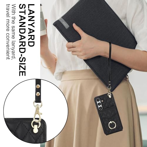 Asuwish Phone Case for Samsung Galaxy S24 5G Wallet Cover with Tempered Glass Screen Protector and Crossbody Wrist Strap Ring Stand RFID Blocking Card Holder Leather Cell S 24 24S G5 Women Girls Black - color: Black
