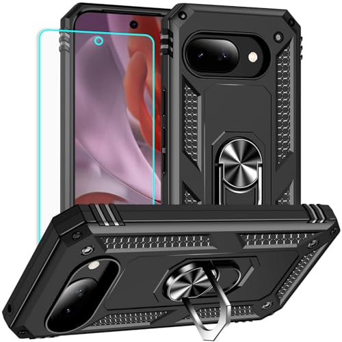 Yiakeng for Google Pixel 9A Case: with Screen Protector - Military Grade Protective Cases with Finger Ring Holder Kickstand for Pixel 9A(Black) - color: Black, size: Google Pixel 9A Case
