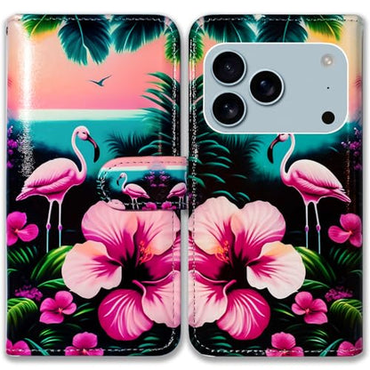 Bcov Case for iPhone 17 Pro,Pink Flamingo Flowers Bird Leather Flip Phone Case Wallet Cover with Card Slot Holder Kickstand Case for iPhone 17 Pro - color: Pink Flamingo Flowers Bird