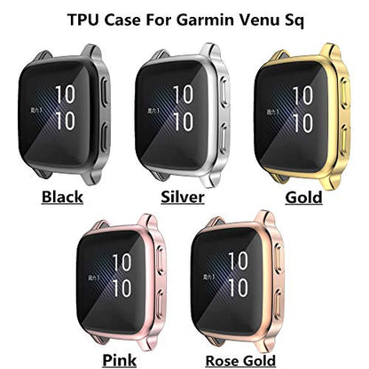[5-Pack] RICHONE Compatible with Garmin Venu Sq & Venu Sq 2 Screen Protector Case, All-Around Protective Cover Soft TPU Shockproof Bumper Frame (Black+Silver+Gold+Pink+Rose Gold) - size: Venu sq & sq2
