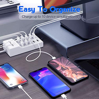 USB Charger Station Block 10-Port USB-A Power Strip Plug for Multi Devices
