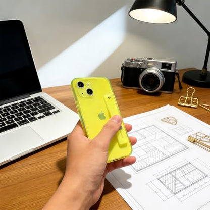 Strap Case for iPhone 15 with Stand, Neon Green | Wrist Strap Kickstand, Adjustable Finger Hand Grip Loop, Slim Transparent Anti-Scratch Back, Soft Bumper Phone Cover - color: Neon Green, size: iPhone 15