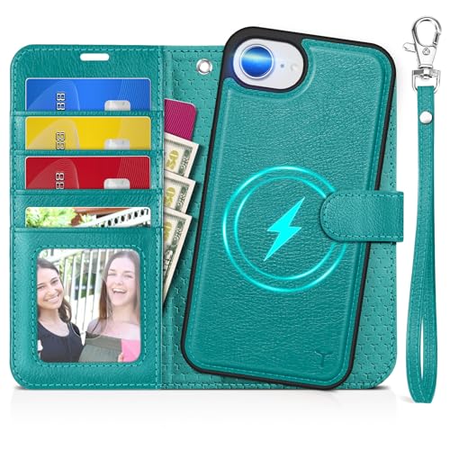 TUCCH Detachable 2-in-1 Wallet Case for iPhone 17e/16e (6.1"), Cyan | RFID Blocking, 4 Card Slots, Wrist Strap, Wireless Charging, Stand, Shockproof TPU, PU Leather, Magnetic, Folio Cover - color: Textured Cyan
