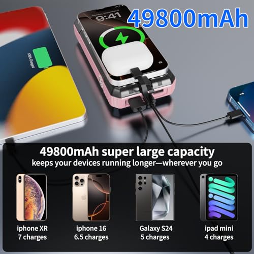 Solar Power Bank 49800mAh, Portable Charger with Built-in 4 Cables, 22.5W Fast Charging Solar Panel Charger for Traveling, Camping and Emergency(Pink) - color: Pink
