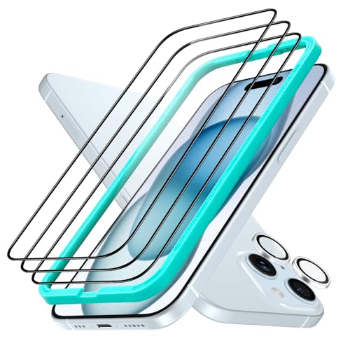 ESR 3+1 Pack for iPhone 15 Plus Screen Protector, [9H Hardness] [Military Grade Shatterproof] Full Coverage Ultra-tough Tempered Glass Film with Easy Installation Frame, 1 Set of Camera Lens Protector