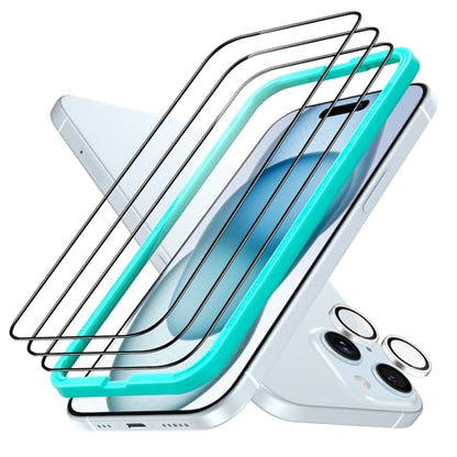 ESR 3+1 Pack for iPhone 15 Plus Screen Protector, [9H Hardness] [Military Grade Shatterproof] Full Coverage Ultra-tough Tempered Glass Film with Easy Installation Frame, 1 Set of Camera Lens Protector