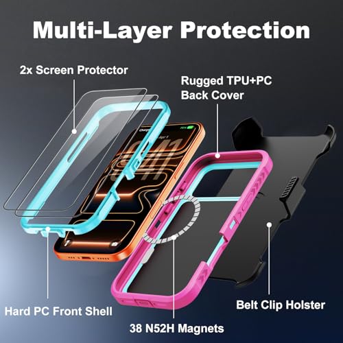 for iPhone 17 Pro Max Case with Belt Clip Holster,[Compatible with MagSafe] w/Screen Protector,Anti-Drop Shockproof Heavy Duty Protective Rugged Magnetic Phone Cover,with 360°Rotating Kickstand (Pink - color: Pink