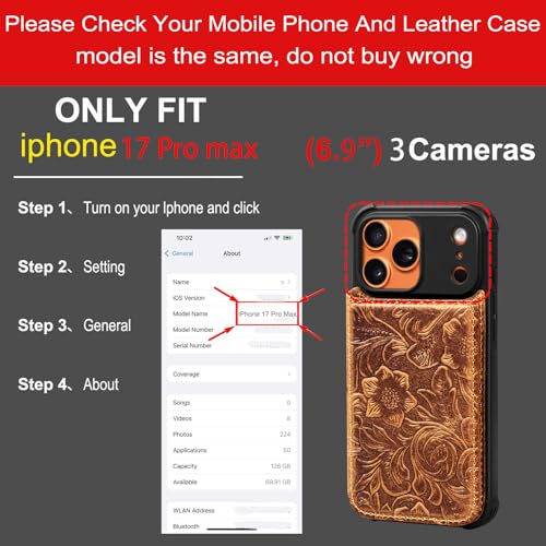 Wallet Real Leather Case Compatible With iPhone 17 Pro Max 6.9" | Genuine Leather,Shockproof, Anti-Fall Case,Flip Cover,with Card Slot,Double Magnetic Buckle,Kickstand,RFID Blocking Brown - color: Brown, size: 6.9"-17 Pro Max