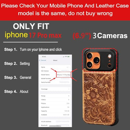 Wallet Real Leather Case Compatible With iPhone 17 Pro Max 6.9" | Genuine Leather,Shockproof, Anti-Fall Case,Flip Cover,with Card Slot,Double Magnetic Buckle,Kickstand,RFID Blocking Brown - color: Brown, size: 6.9"-17 Pro Max