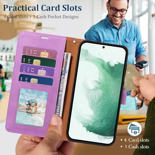 Wallet Case for Galaxy S22, RFID Blocking, 4 Card Slots, Purple | For Samsung Galaxy S22 6.1 inch, PU Leather Flip Cover, Protective TPU Shell, Magnetic Closure, Stand, Wrist Strap - color: Purple