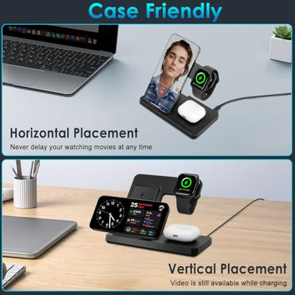 3 in 1 Charging Station for Multi Devices, Wireless Charger for iPhone 8-16 Series & Apple Watch, Wireless Charging Station for AirPods Pro/4/3/2