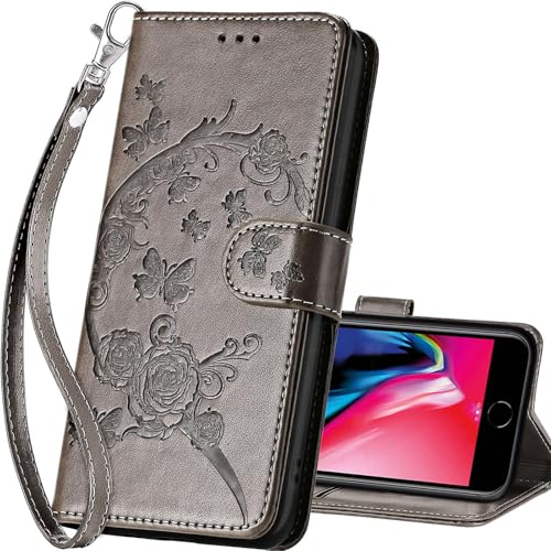 for iPhone SE 2022/7/8/SE 2020 Wallet case, Gray Flower | 3 Card Holders, Kickstand, Shockproof TPU Shell, PU Leather, Magnetic Closure, Protective Flip Folio Cover, Women - color: 9