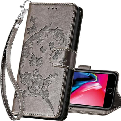 for iPhone SE 2022/7/8/SE 2020 Wallet case, Gray Flower | 3 Card Holders, Kickstand, Shockproof TPU Shell, PU Leather, Magnetic Closure, Protective Flip Folio Cover, Women - color: 9