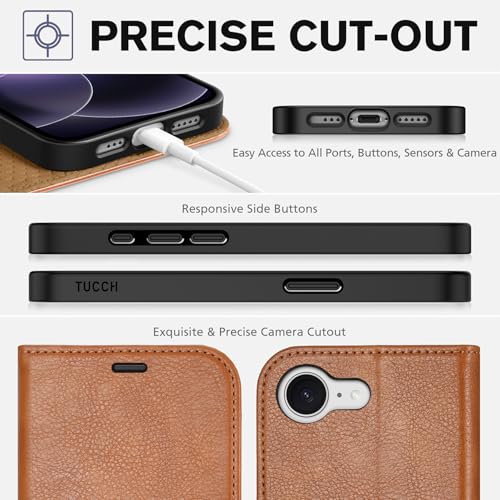TUCCH Wallet Case for iPhone 17e/16e (6.1"), 4 Card Holders, Light Brown | RFID Blocking, Viewing Stand, Shockproof TPU Shell, PU Leather, Magnetic Closure, Protective Folio Flip Cover - color: Brown - Textured