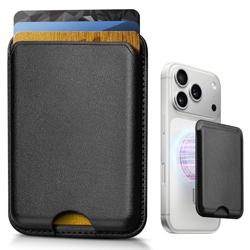 Stronger Magnetic Wallet for iPhone 17/16/15/14/13/12 Series & for MagSafe-compatible Cases, Slim Leather Magnetic Card Holder with RFID Blocking, N52 Magnet Phone Wallet, Fit 3 Cards, Black - color: Black