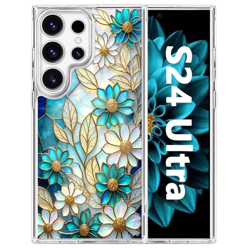 for Samsung Galaxy S24 Ultra Magnetic Case【Compatible with MagSafe】 Aesthetic Vintage Stained Glass Flower Design, Slim Fit Hard PC Back Shockproof Clear Phone Cover, Blue Glazed Flower - color: Blue Glazed Flower, size: Galaxy S24 Ultra