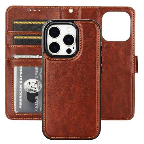Bocasal Detachable Wallet Case Card Holder for iPhone 16 Pro, Brown | RFID Blocking Kickstand Card Slots Holder PU Leather Magnetic Shockproof Wrist Strap Removable Flip Protective Cover 6.3 inch - color: Brown