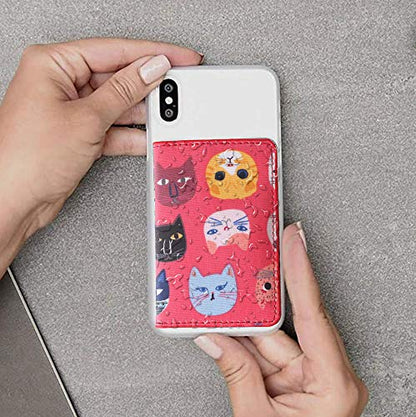 ID Card Holder for Back of Phone Leather Phone Wallet Stick On with Stand Flip Waterproof Leather Adhesive Wallet for Most Cellphones (Red Cat) - color: Red Cat