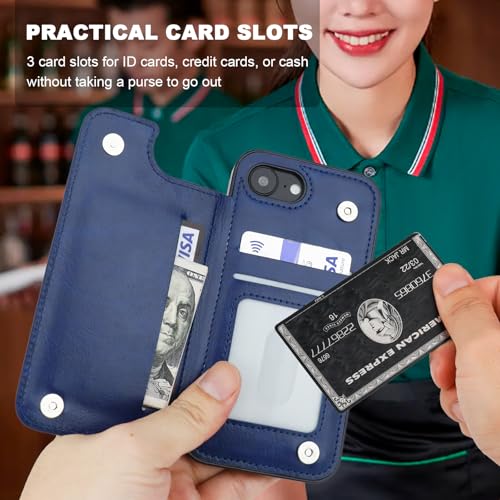 ONETOP for iPhone 17e/16e Wallet Case with Credit Card Holder,Blue | 360° Rotation Ring Kickstand,Finger Grip,Double Magnetic Clasp,RFID Blocking PU Leather Shockproof Cover for Women Men - color: Blue