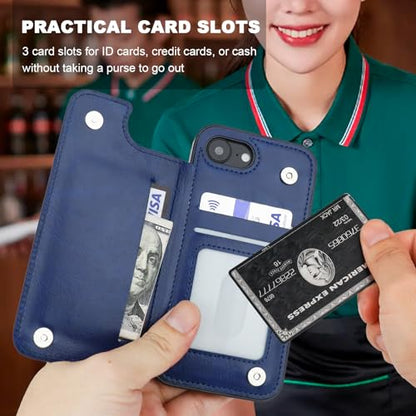 ONETOP for iPhone 17e/16e Wallet Case with Credit Card Holder,Blue | 360° Rotation Ring Kickstand,Finger Grip,Double Magnetic Clasp,RFID Blocking PU Leather Shockproof Cover for Women Men - color: Blue