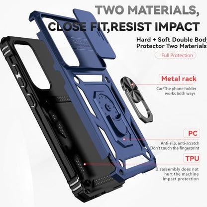 for Samsung Galaxy S24 FE Case with Camera Lens Cover HD Screen Protector, Dual Layer Military-Grade Drop Tested Magnetic Ring Holder Kickstand Protective Phone Case for Galaxy S24 FE (Navy Blue) - color: Navy Blue with camera cover Military-Grade 2nd gen