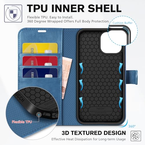 TUCCH Wallet Case for iPhone 13 (6.1") 2021, Flip Stand, Lake Blue | RFID Blocking, 3 Card Holders, Kickstand, PU Leather, Shockproof TPU Shell, Magnetic Closure, Protective Folio Cover - color: Blue (Light Blue)
