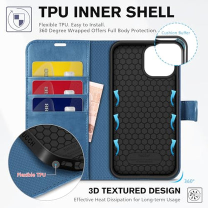 TUCCH Wallet Case for iPhone 13 (6.1") 2021, Flip Stand, Lake Blue | RFID Blocking, 3 Card Holders, Kickstand, PU Leather, Shockproof TPU Shell, Magnetic Closure, Protective Folio Cover - color: Blue (Light Blue)