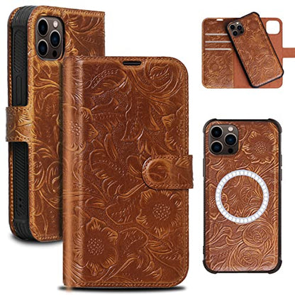 Leather Case Compatible with iPhone 14 Pro Max Wallet 6.7" Brown | Genuine Leather 2-in-1 Magnetic Detachable Shockproof,Flip Folio Cover with Card Slot,Wireless Charging RFID Blocking Brown - color: Brown, size: 6.7"-14 Pro Max