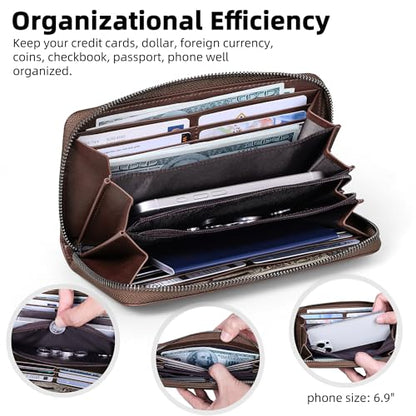 VISOUL Leather Long Zipper Pouch Wallet for Men and Women with RFID Blocking, Large Clutch Cash Long Wallet with Zipper (Brown) - color: Brown