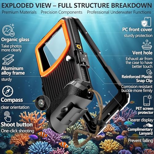 Underwater Phone Case for iPhone 17/Air/16/15 Pro Max, 50ft/15m Professional Scuba Snorkeling Diving Phone Case with Vacuum Seal & Mechanical Shutter, Housing with Compass, No Vignetting for Swimming - color: Dark