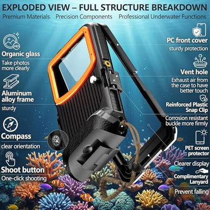 Underwater Phone Case for iPhone 17/Air/16/15 Pro Max, 50ft/15m Professional Scuba Snorkeling Diving Phone Case with Vacuum Seal & Mechanical Shutter, Housing with Compass, No Vignetting for Swimming - color: Dark