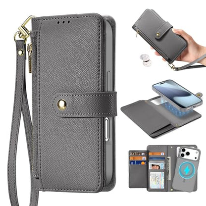for iPhone 17 Pro Case Wallet, Detachable Magnetic Wallet Case | Compatible with Magsafe, RFID Blocking, PU Leather Flip Folio Case, Wrist Strap Wallet Case, Zipper Coin Pocket - color: Gray, size: iPhone 17 Pro