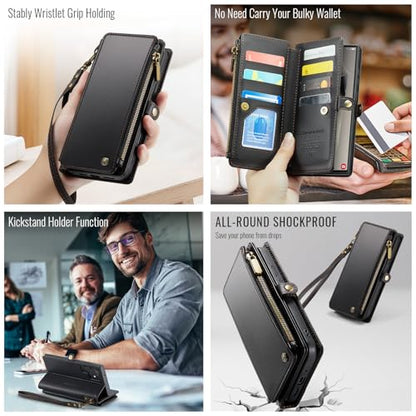 Defencase for Samsung Galaxy S23 Ultra Wallet Case with Card Holder, Black | Durable PU Leather, with RFID Blocking Zipper Pocket, Wrist Strap, S23 Ultra Flip Phone Cases Cover with Stand for Women Men - color: Fashion Black