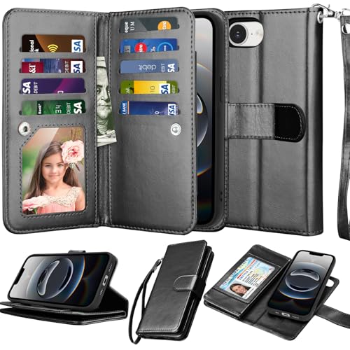NJJEX Compatible with iPhone 16E Wallet Case, 9 Card Slots, Black | PU leather folio flip, detachable magnetic phone cover, integrated kickstand, included lanyard - color: Black, size: iPhone 16E