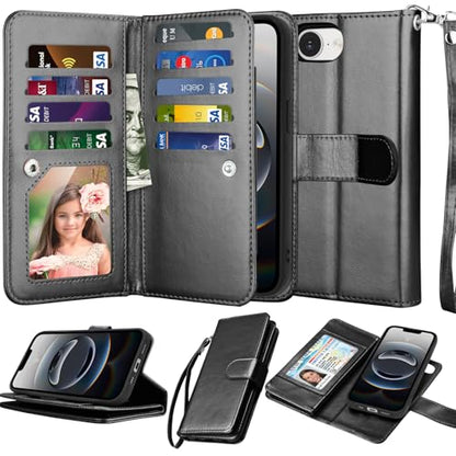 NJJEX Compatible with iPhone 16E Wallet Case, 9 Card Slots, Black | PU leather folio flip, detachable magnetic phone cover, integrated kickstand, included lanyard - color: Black, size: iPhone 16E