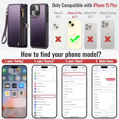 Defencase for iPhone 15 Plus Case Wallet Compatible with Magsafe, Purple | Drop-Proof Magnetic Detachable Phone Cases Cover, with RFID Bolcking Card Holder, Zipper Strap, PU Leather, Removable Wallet - color: (Detachable with Magsafe)-Purple