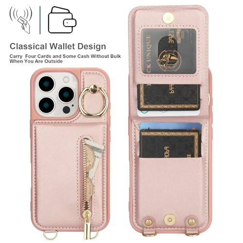 Crossbody Wallet Case for iPhone 12 Pro Max, with Card Slots Zipper Pocket Case, Flip Folio Purse RFID Blocking with Ring Kickstand Detachable Strap-Pink - color: Pink, size: iPhone 12 Pro Max(6.7")