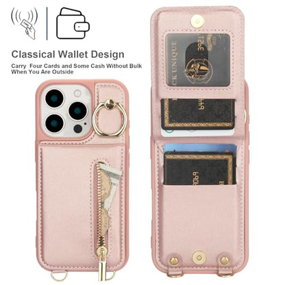 Crossbody Wallet Case for iPhone 12 Pro Max, with Card Slots Zipper Pocket Case, Flip Folio Purse RFID Blocking with Ring Kickstand Detachable Strap-Pink - color: Pink, size: iPhone 12 Pro Max(6.7")