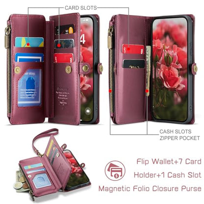 Defencase for Samsung Galaxy S25 Wallet Case with RFID Card Holder, WineRed | Durable Soft PU Leather, with Zipper Pocket, Wrist Strap, Fashion Snap Flip S25 Phone Cases Cover with Stand for Women Men - color: Wine Red