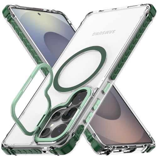 Nvollnoe for Samsung S25 Ultra Case Compatible with MagSafe Military Grade Shockproof Heavy Duty Protective Adjustable Kickstand Ultra Clear Magnetic Phone Case for Samsung S25 Ultra(Green) - color: Clear-Green